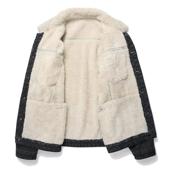 Grey And White Teddy Mens Denim Jacket - Picture 3 of 5